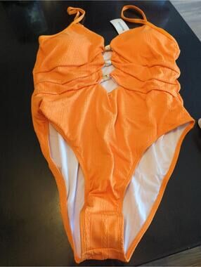 Orange One-Piece Swimsuit with Decorative Front Buttons 2XL 702